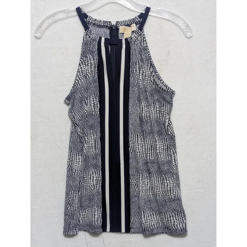 Michael Kors Womens XS Halter Top Navy White Geometric Snakeskin Print Blouse